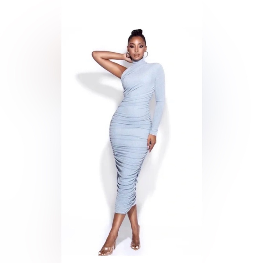 Miss Circle Peyton Light Blue One Sleeve Ruched Pencil Dress